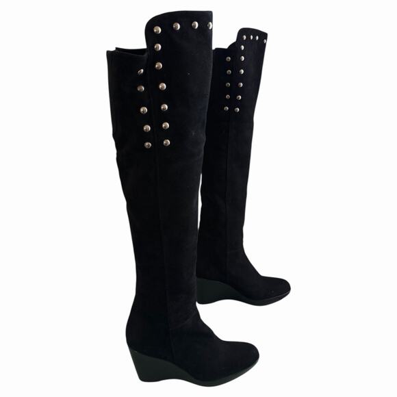 Vintage Y2K Stuart Weitzman Boots 8 Moto Over The Knee Studded Black Suede Wedge - Picture 3 of 8